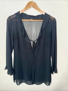 Vintage Y2K Victoria's Secret Black Sheer Blouse XS Chiffon Ruffle Tie Front
